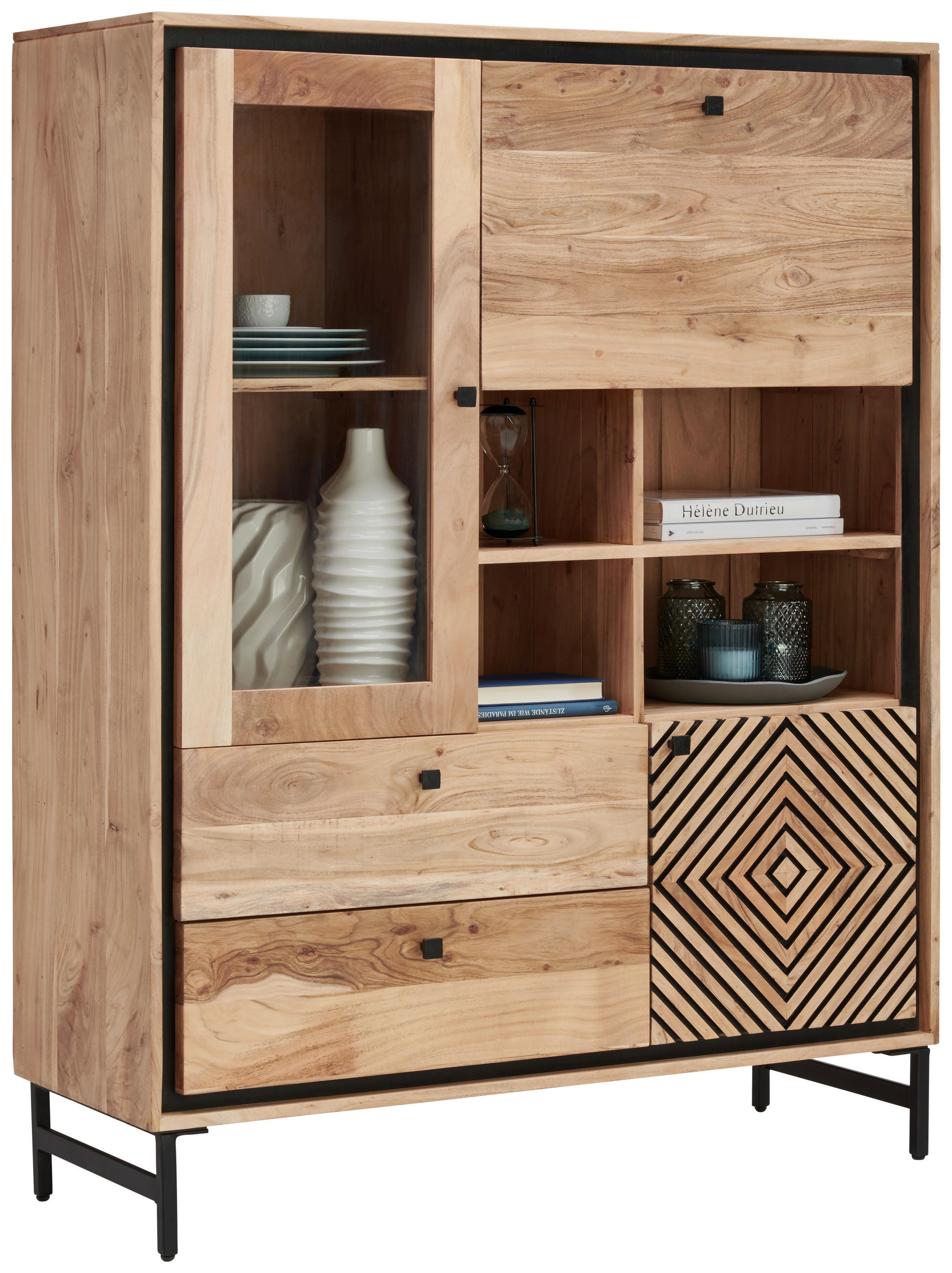 HIGHBOARD  115/148/42 cm 2 Schublade(n)  - Schwarz/Akaziefarben, Design, Glas/Holz (115/148/42cm) - Carryhome