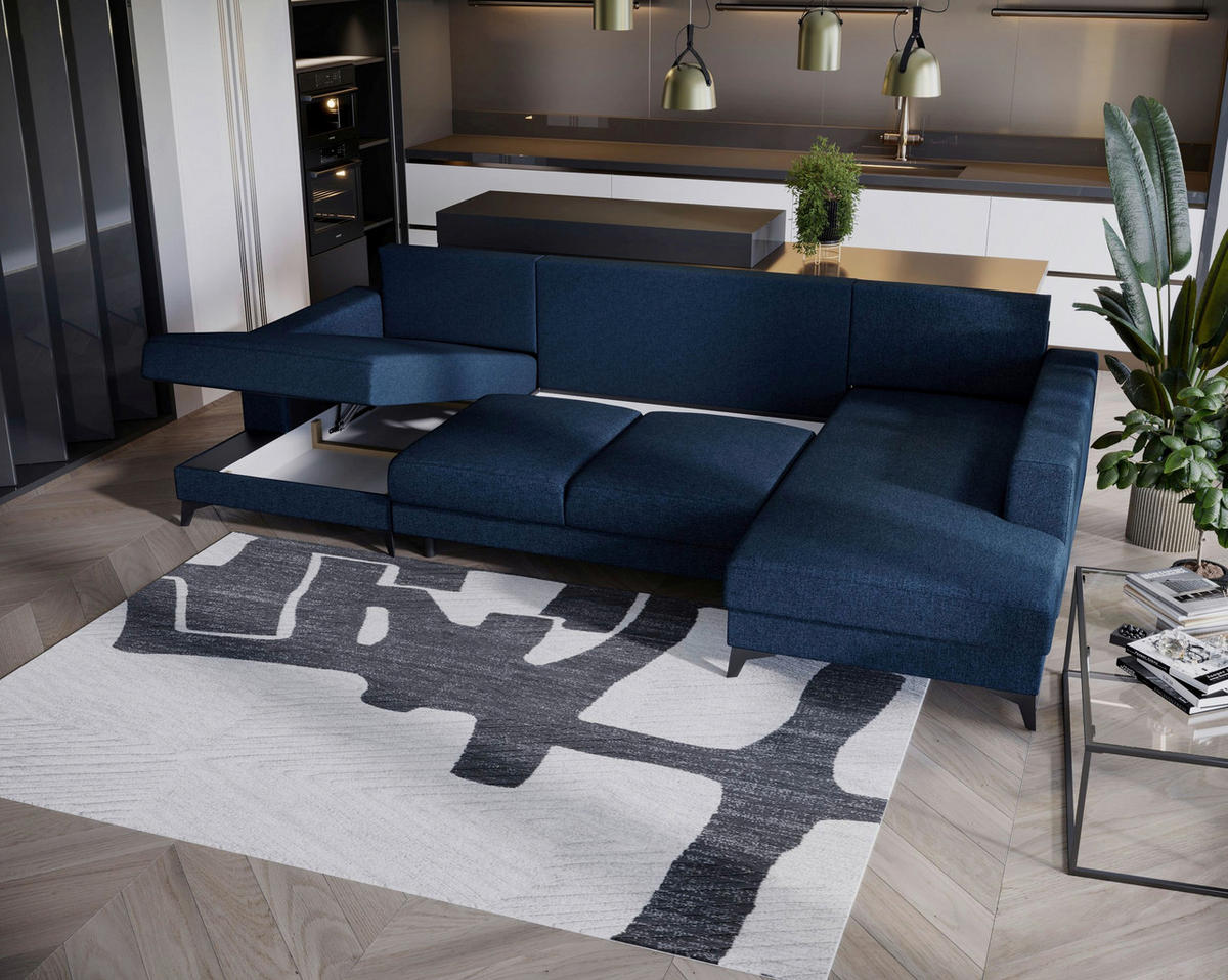 WOHNLANDSCHAFT  in Flachgewebe Blau  - Blau/Schwarz, Design, Textil/Metall (156/339/190cm) - Livetastic