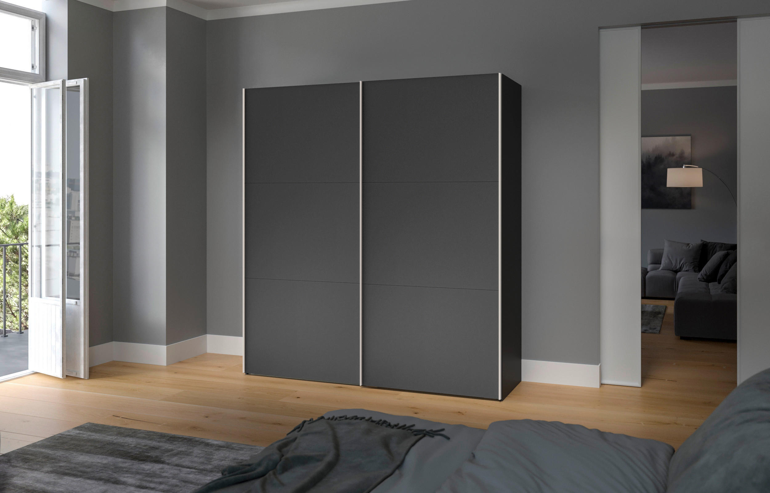 SCHWEBETÜRENSCHRANK 203/195/65 cm 2-türig Anthrazit, Schwarz  - Edelstahlfarben/Anthrazit, Design, Holzwerkstoff (203/195/65cm) - Boxxx