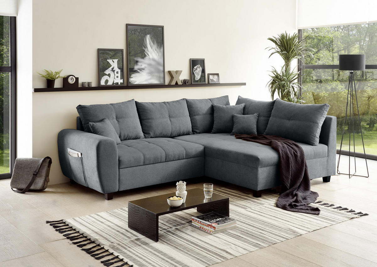 ECKSOFA Anthrazit Mikrovelours  - Anthrazit/Schwarz, Basics, Kunststoff/Textil (248/176cm) - MID.YOU