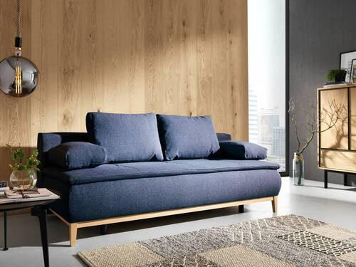 BOXSPRINGSOFA Flachgewebe Dunkelblau  - Eichefarben/Beige, Design, Holz/Textil (202/78/93/100cm) - Carryhome