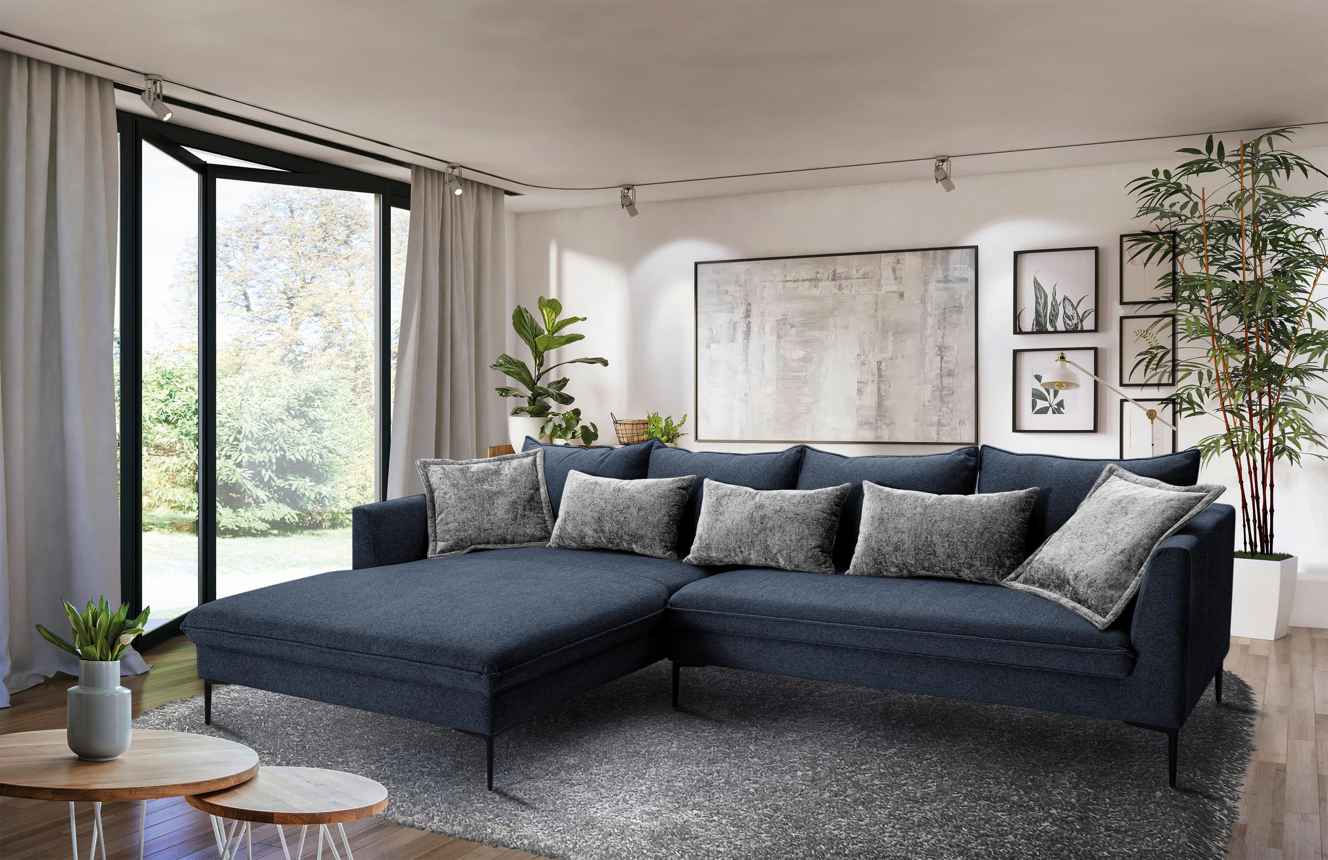ECKSOFA in Flachgewebe Dunkelblau  - Dunkelgrau/Schwarz, Design, Textil/Metall (187/321cm) - Livetastic