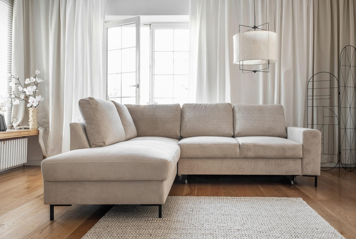 ECKSOFA in Cord Beige  - Beige/Schwarz, Design, Textil/Metall (197/237cm) - MID.YOU