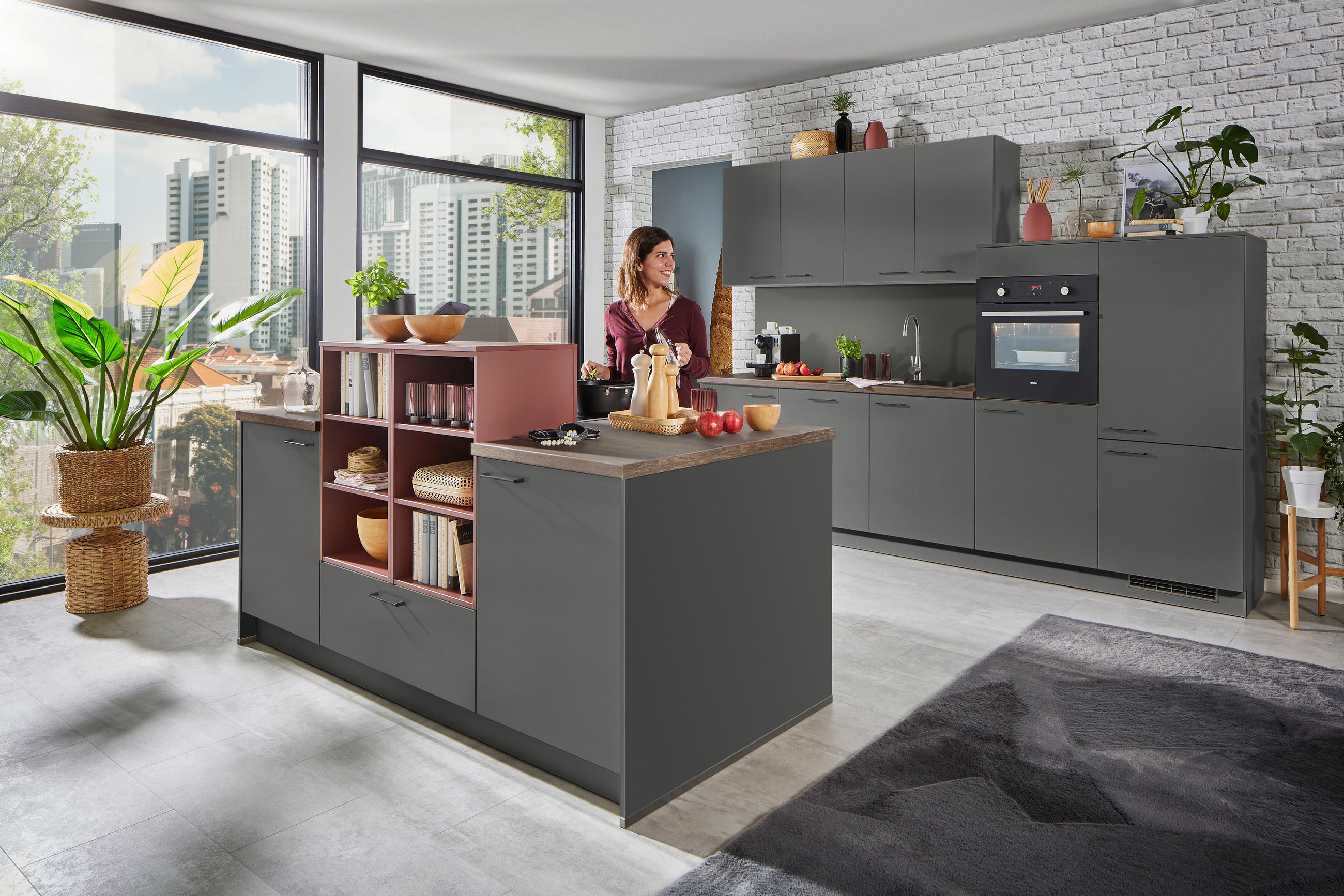 KÜCHENLEERBLOCK  300/215 cm  in Anthrazit, Rot, Eichefarben  - Eichefarben/Anthrazit, KONVENTIONELL, Holzwerkstoff/Metall (300/215cm) - Express