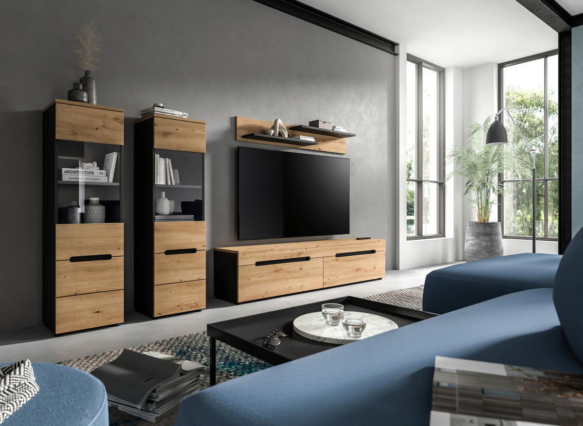 WOHNWAND 3-teilig  in Eiche Artisan  272/141/33 cm  - Schwarz/Eiche Artisan, Design, Holzwerkstoff/Kunststoff (272/141/33cm) - Livetastic