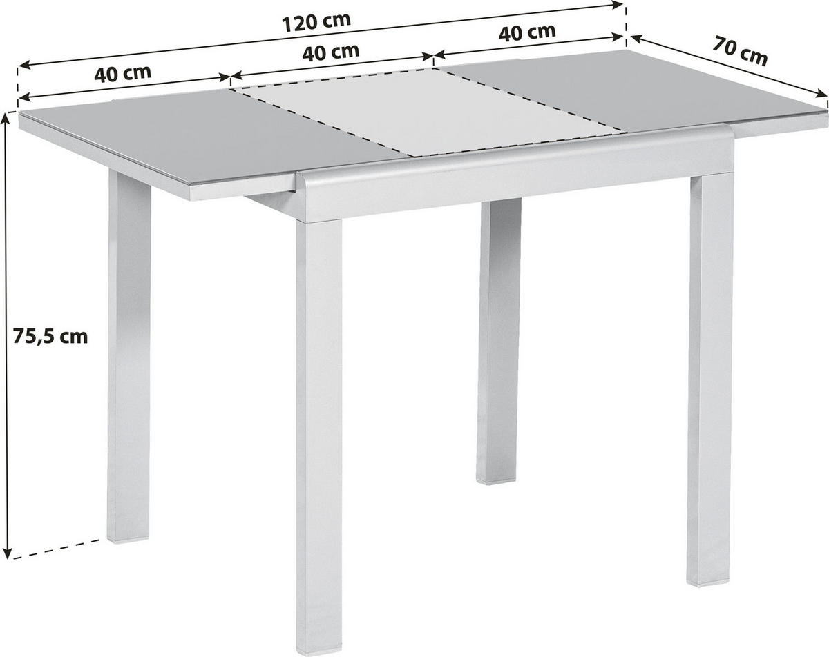 ZAHRADNÍ STŮL, kov, sklo, 80-120/70/75,5 cm - barvy stříbra, Konvenční, kov/sklo (80-120/70/75,5cm) - Gardenson