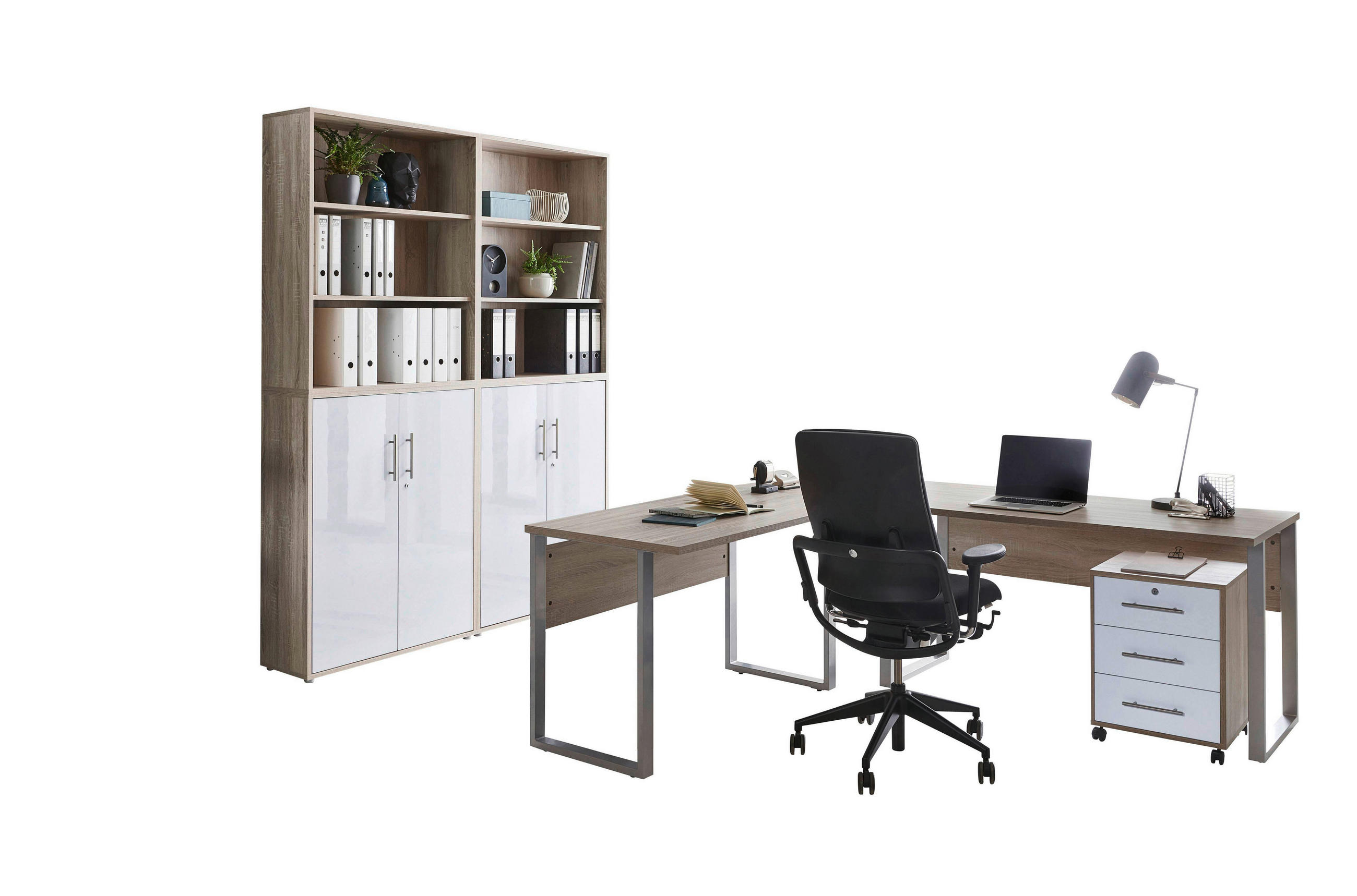 BÜRO - Weiß Hochglanz/Sonoma Eiche, MODERN, Holzwerkstoff/Metall - MID.YOU