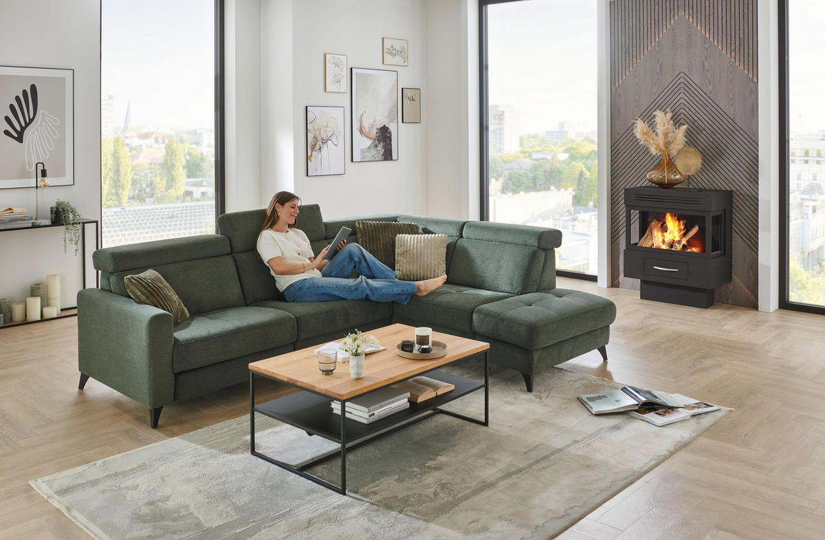 ECKSOFA Beldomo System Dunkelgrün Flachgewebe Kopfteilverstellung  - Dunkelgrün/Schwarz, KONVENTIONELL, Textil/Metall (276/214cm) - Beldomo System