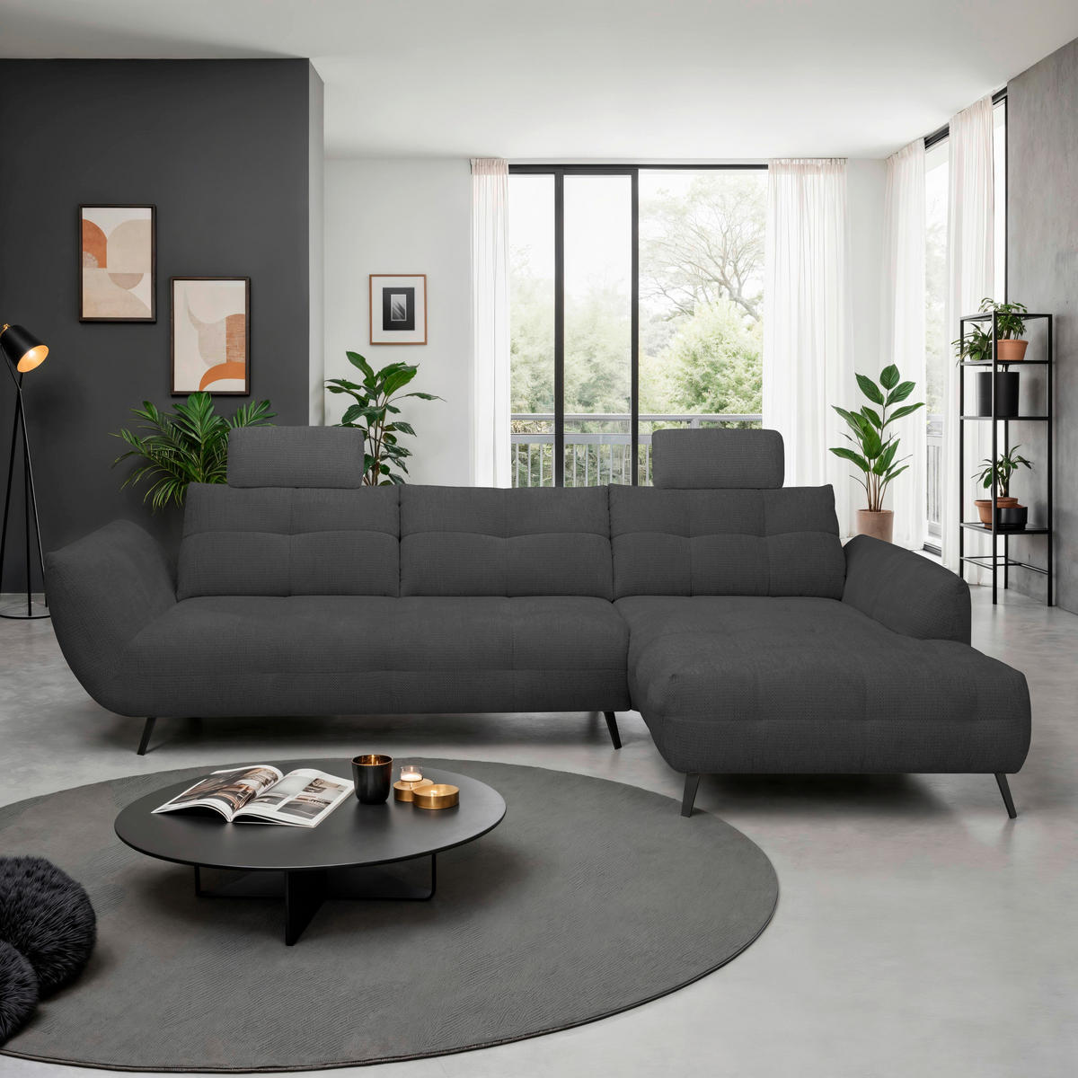 ECKSOFA Anthrazit Chenille Armlehnenkissen, Rücken echt, Sitztiefenverstellung  - Anthrazit/Schwarz, KONVENTIONELL, Textil/Metall (313/215cm) - Hom`in