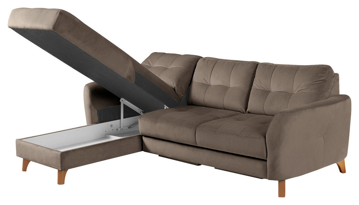 ECKSOFA Beige Samt Bettkasten, Schlaffunktion, Liegefläche im Originalstoff  - Beige/Buchefarben, Design, Holz/Textil (168/238cm) - Livetastic