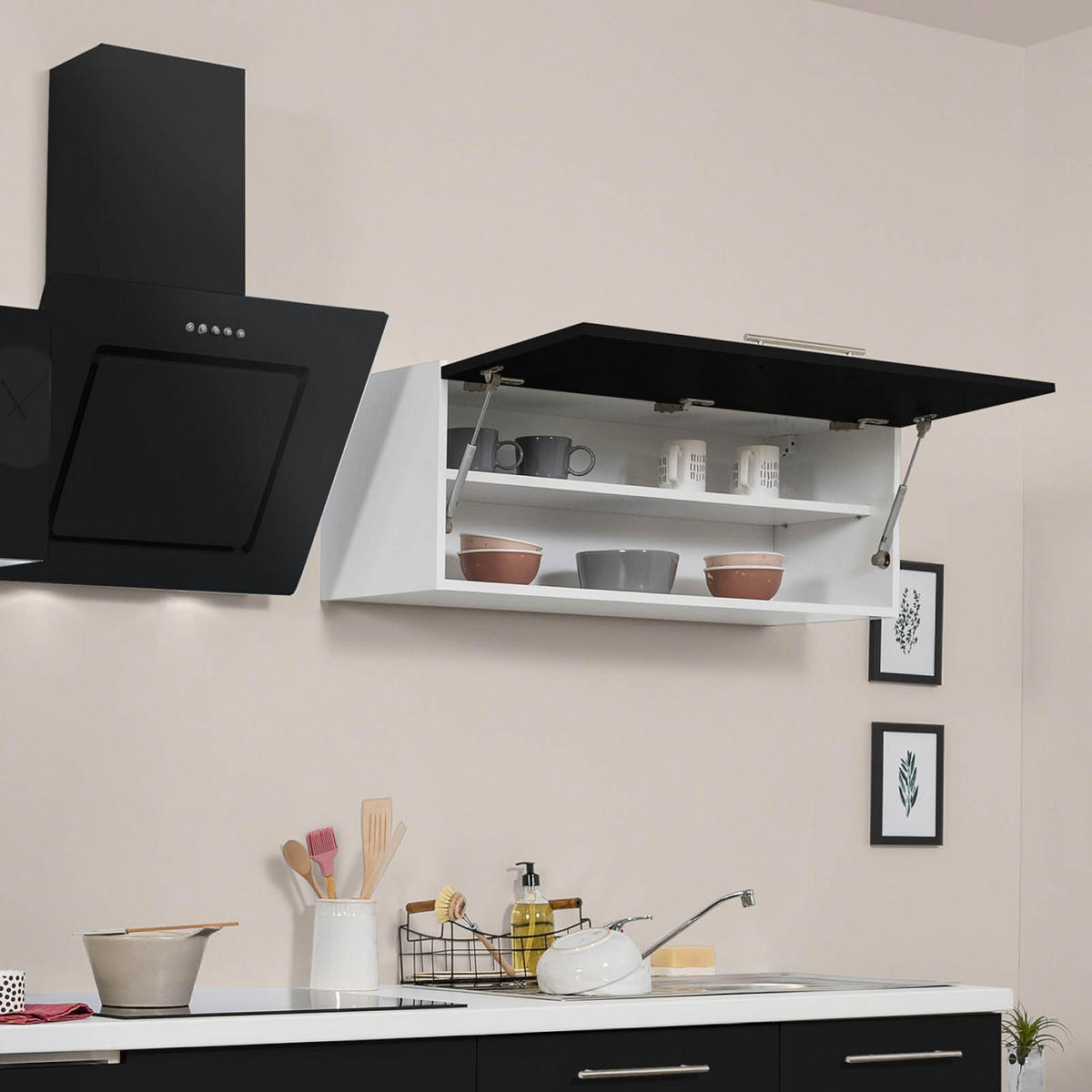 KÜCHENBLOCK 280 cm   in Schwarz, Weiß  - Edelstahlfarben/Schwarz, KONVENTIONELL, Holzwerkstoff/Metall (280cm) - Respekta