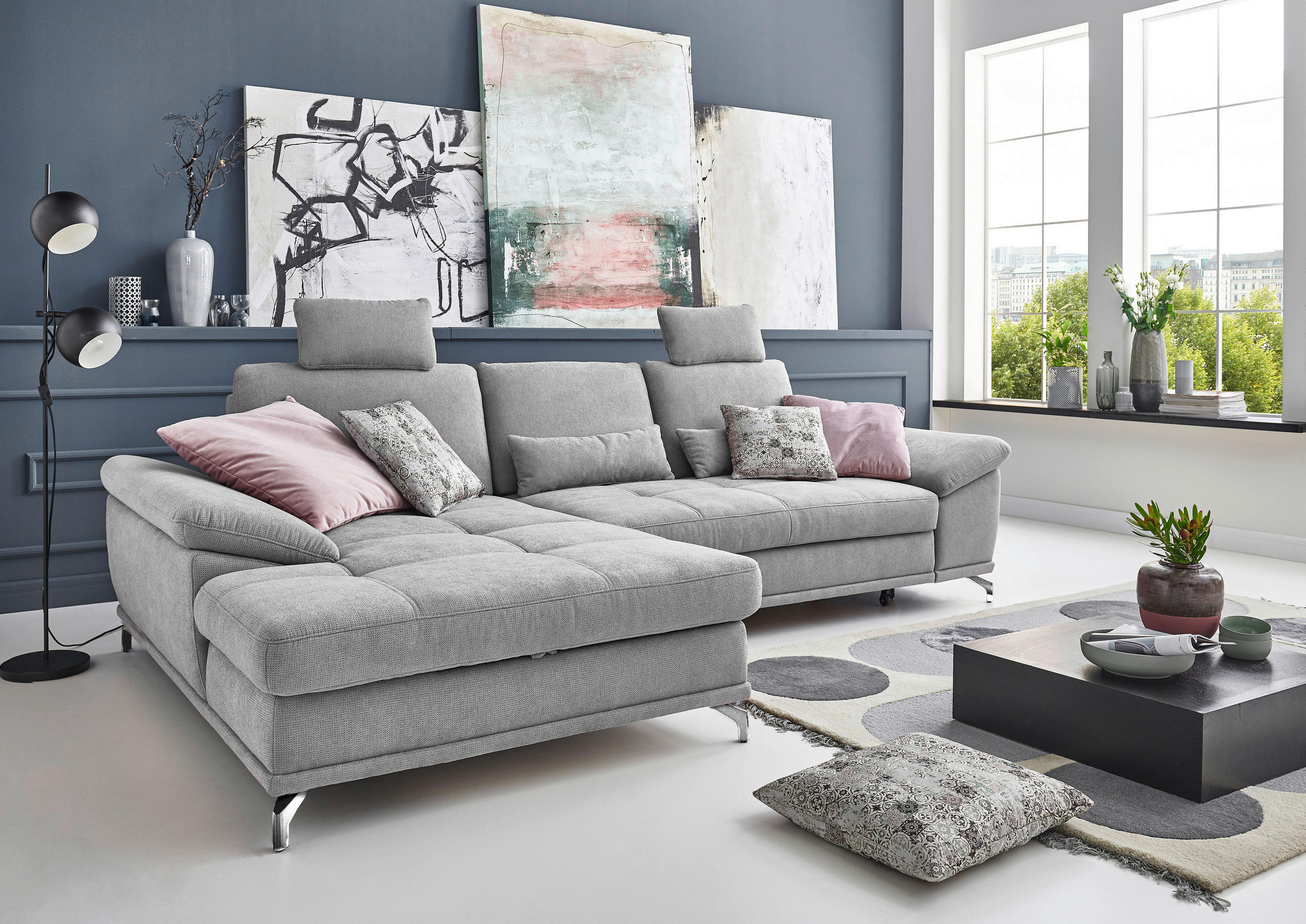 ECKSOFA Silberfarben Flachgewebe Bettkasten, Schlaffunktion, Sitztiefenverstellung, Kopfstütze, Liegefläche im Originalstoff  - Silberfarben, KONVENTIONELL, Textil/Metall (176/301cm) - Sit & More