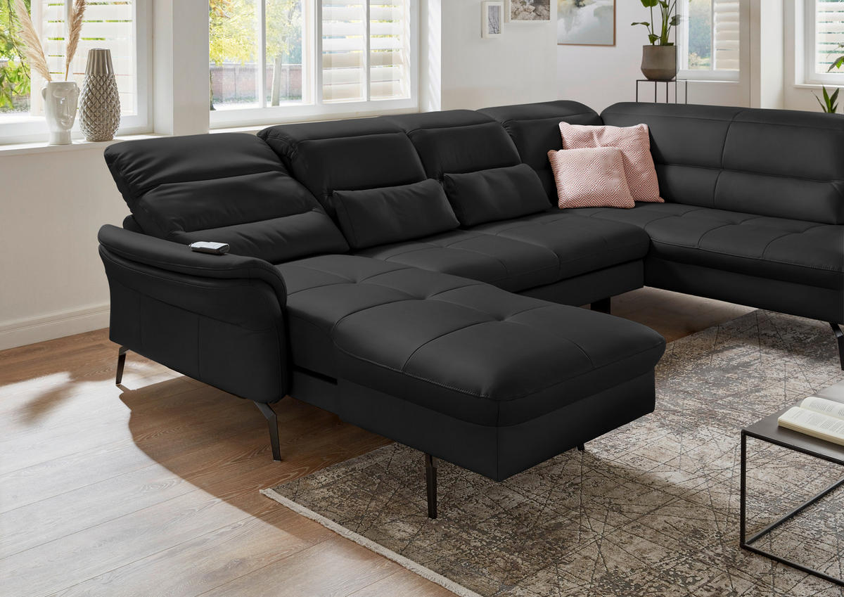 WOHNLANDSCHAFT Echtleder Schwarz  - Schwarz, Design, Leder/Metall (181/336/206cm) - Beldomo Speed