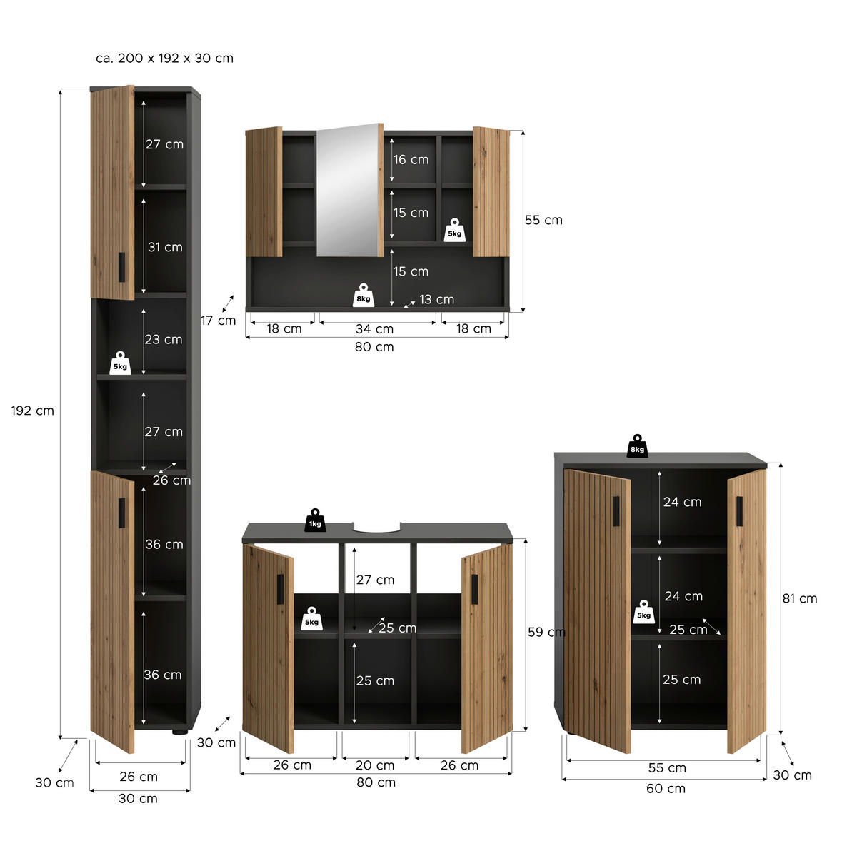 BADEZIMMER 4-teilig  in 170 cm  - Schwarz/Eiche Artisan, Basics, Holzwerkstoff/Kunststoff (170cm) - MID.YOU