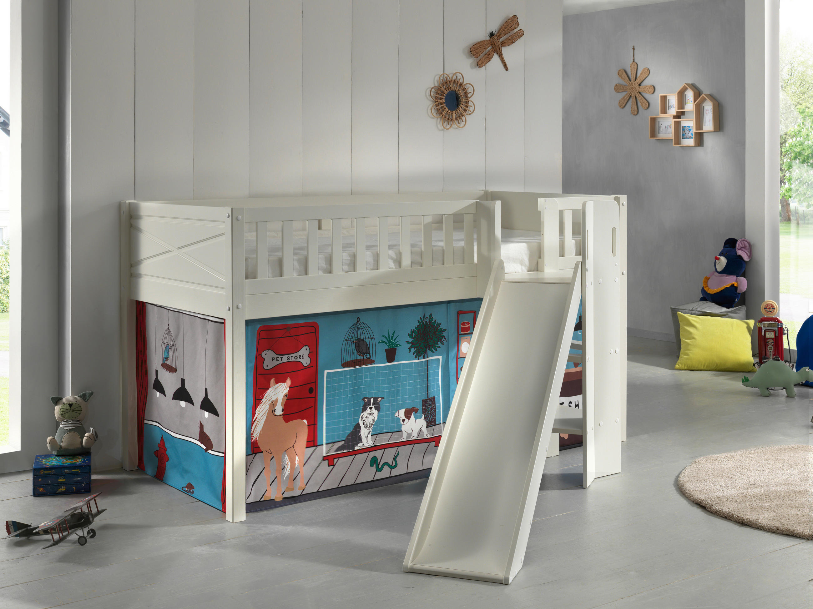 SPIELBETT Absturzsicherung, Leiter, Rutsche, Vorhang, Rollrost 90/200 cm  in Weiß  - Naturfarben/Weiß, ROMANTIK / LANDHAUS, Holz (90/200cm) - Vipack