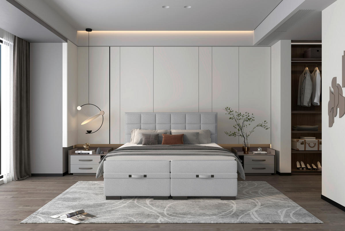 BOXSPRINGBETT 160/200 cm  in Hellgrau  - Hellgrau/Schwarz, KONVENTIONELL, Kunststoff/Textil (160/200cm) - home24