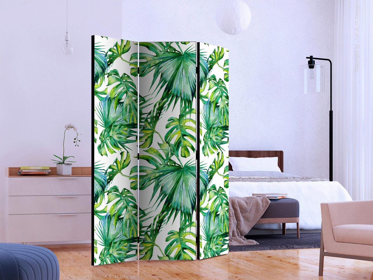 PARAVENT mit 3  Flügel - Weiß/Hellgrün, Basics, Holz/Textil (135/172/3cm) - artgeist