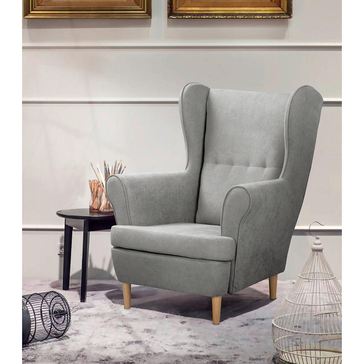 OHRENSESSEL Scandi Mikrofaser Grau  - Naturfarben/Grau, Design, Holz/Textil (87/105/90cm) - Livetastic