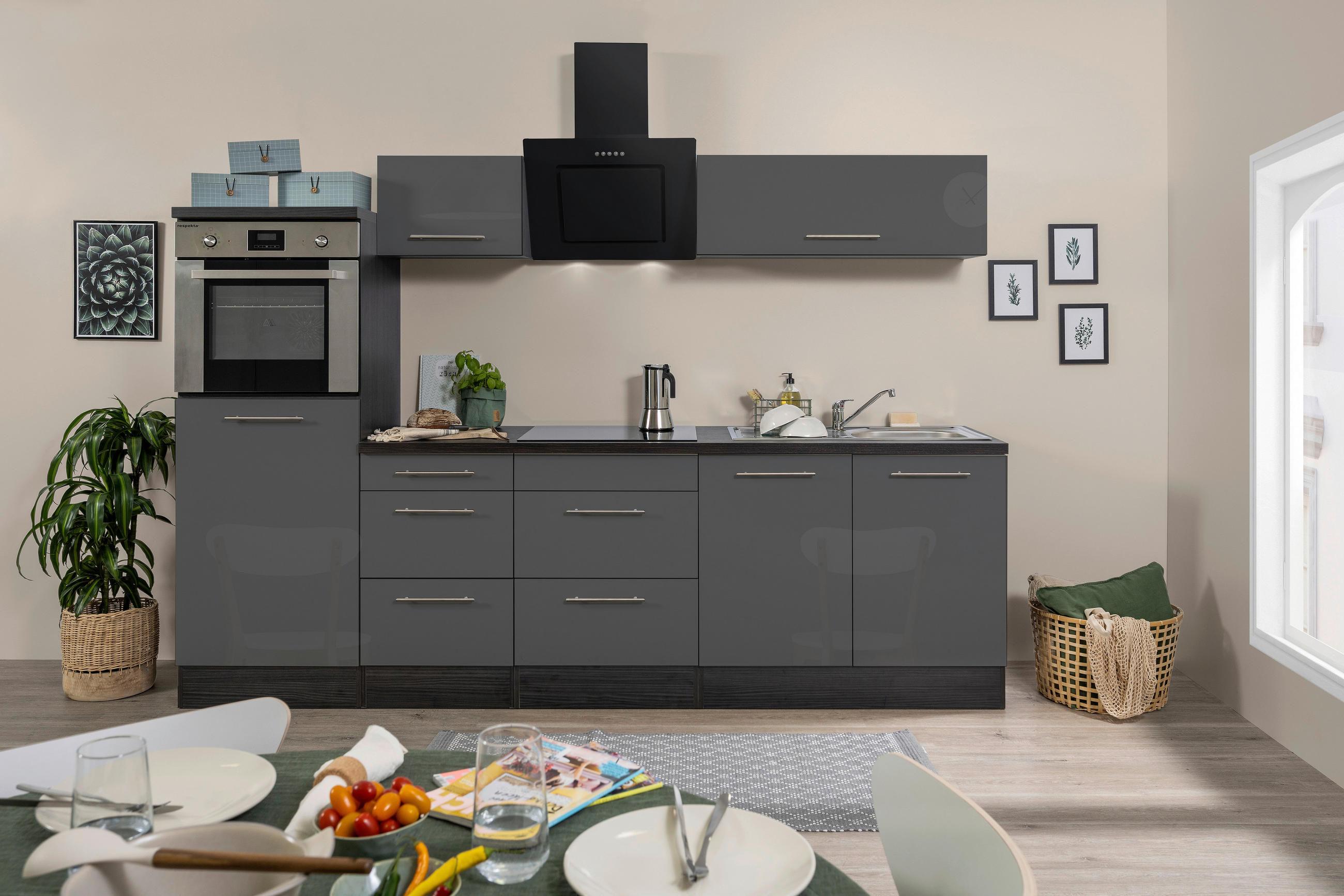 KÜCHENBLOCK 270 cm Grau, Eichefarben E-Geräte, Spüle, Soft-Close-System, Ab- und Überlaufgarnitur, Herdanschlusskabel - Edelstahlfarben/Eichefarben, Basics, Metall (270cm) - Respekta