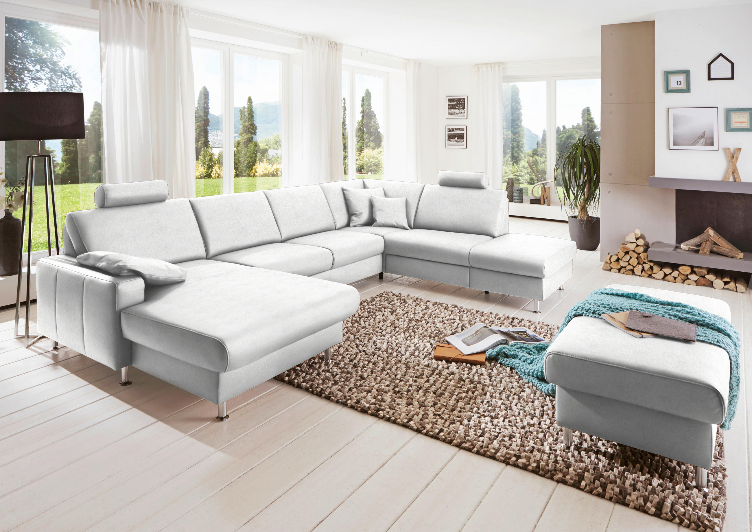 WOHNLANDSCHAFT in Echtleder Weiss  - Weiss/Alufarben, Design, Leder/Metall (165/339/233cm) - Beldomo Premium