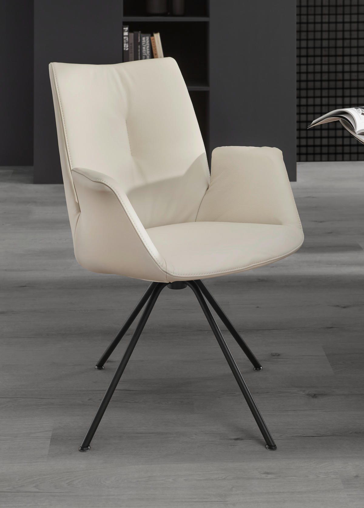 ARMLEHNSTUHL  in Stahl Echtleder pigmentiert  - Creme/Schwarz, Design, Leder/Metall (65/91/63cm) - Dieter Knoll