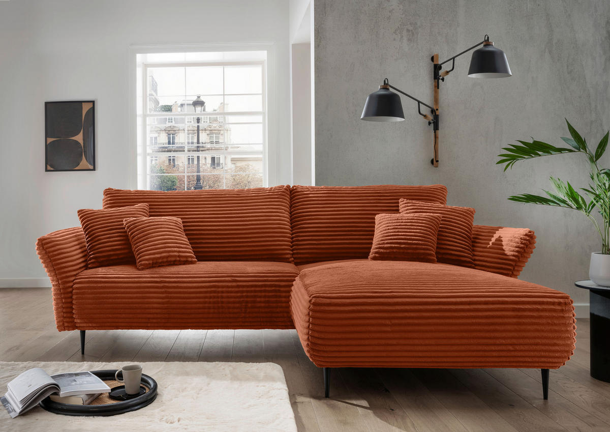 ECKSOFA Terracotta Cord  - Terracotta/Schwarz, Design, Textil/Metall (178/264-302cm) - Livetastic