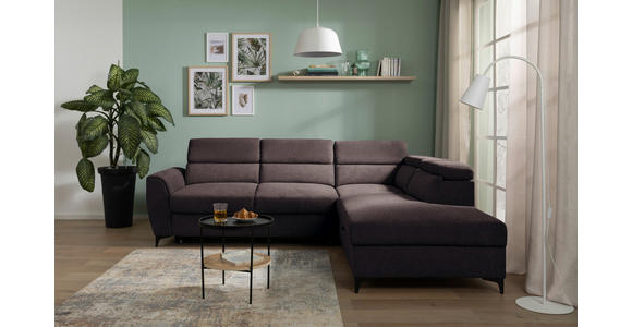 ECKSOFA Dunkelbraun Velours Bettkasten, Schlaffunktion, Rücken echt, Kopfteilverstellung, Liegefläche im Originalstoff  - Dunkelbraun/Schwarz, KONVENTIONELL, Textil/Metall (255/217cm) - Carryhome