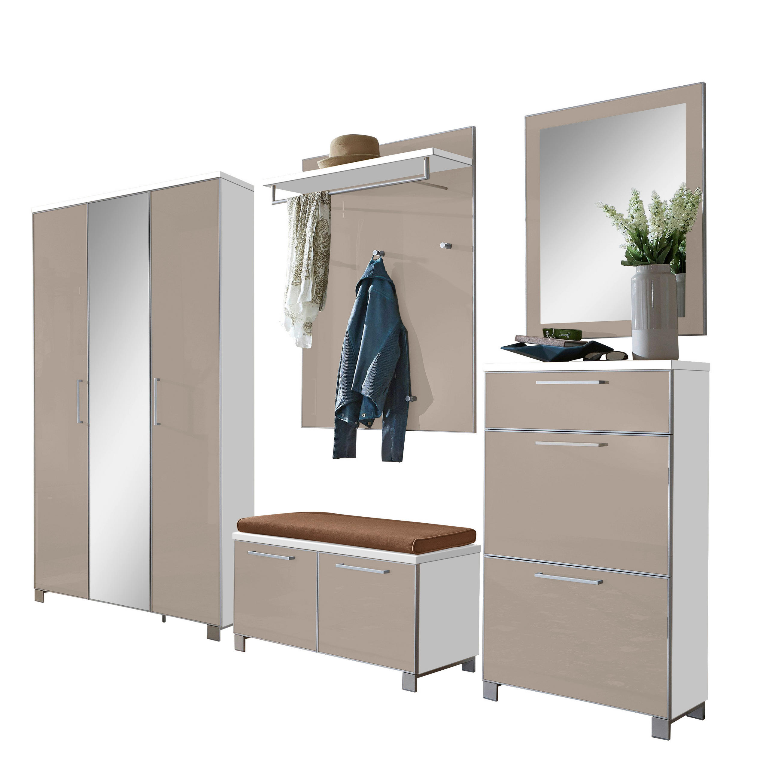 GARDEROBE 6-teilig  in 245/195/40 cm  - Taupe/Weiß, Design, Glas/Holzwerkstoff (245/195/40cm)