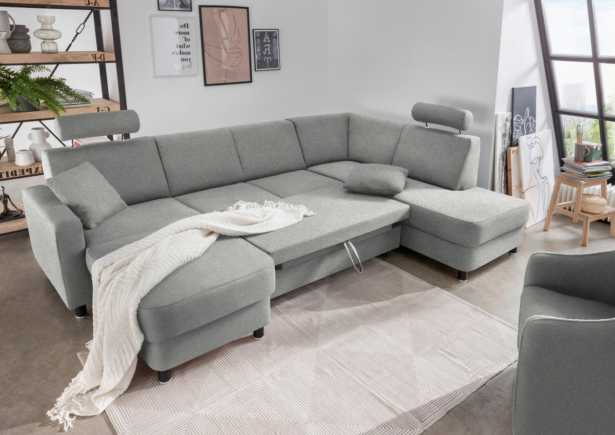 WOHNLANDSCHAFT in Webstoff Platinfarben  - Platinfarben/Schwarz, Design, Holz/Textil (165/296/198cm) - Xora