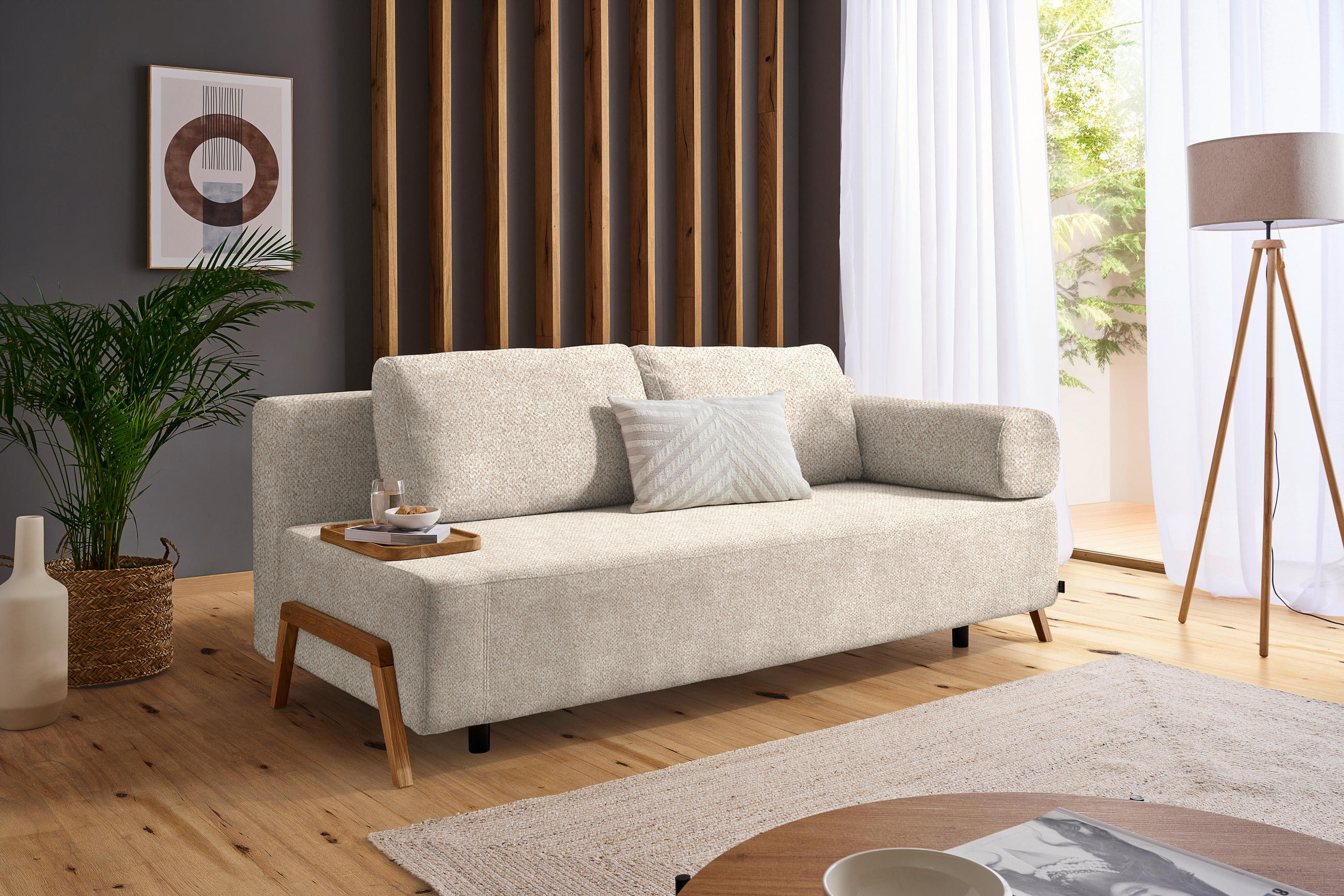 SCHLAFSOFA Bouclé Beige  - Beige/Naturfarben, Design, Holz/Textil (211/88/102cm) - Niels Andersson