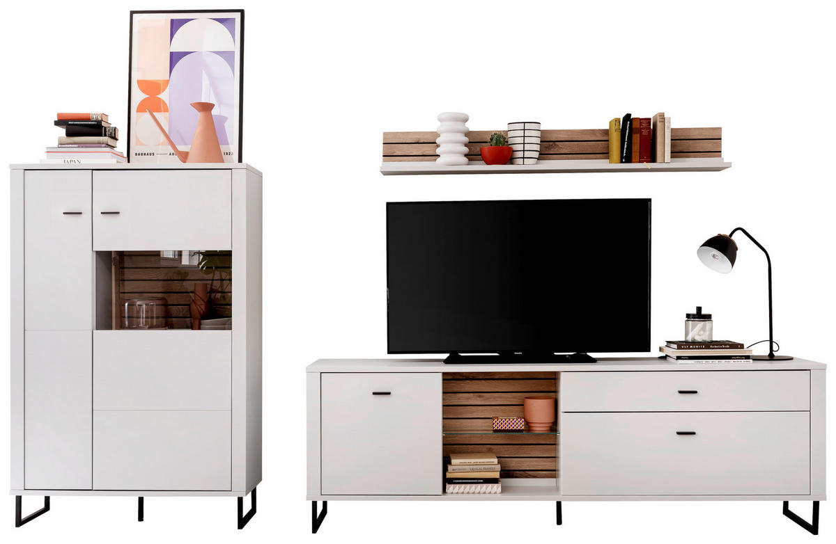 WOHNWAND  in Weiss, Eichefarben 326/152/44 cm  - Weiss/Eichefarben, Design, Glas/Holzwerkstoff (326/152/44cm) - Stylife