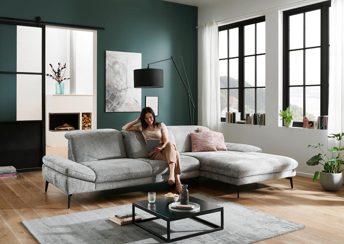 ECKSOFA in Chenille Grau  - Schwarz/Grau, Design, Textil/Metall (188/319cm) - Beldomo System