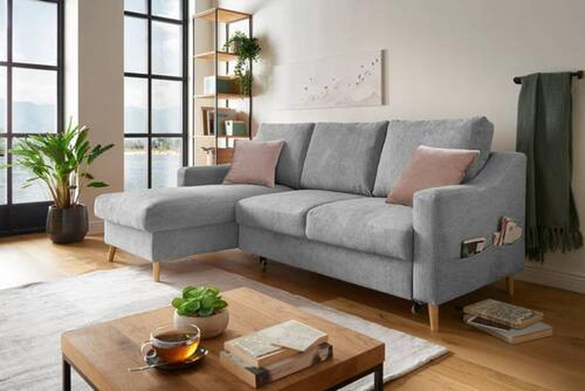 ECKSOFA Grau Mikrofaser  - Dunkelrosa/Naturfarben, Design, Holz/Textil (150/228cm) - MID.YOU