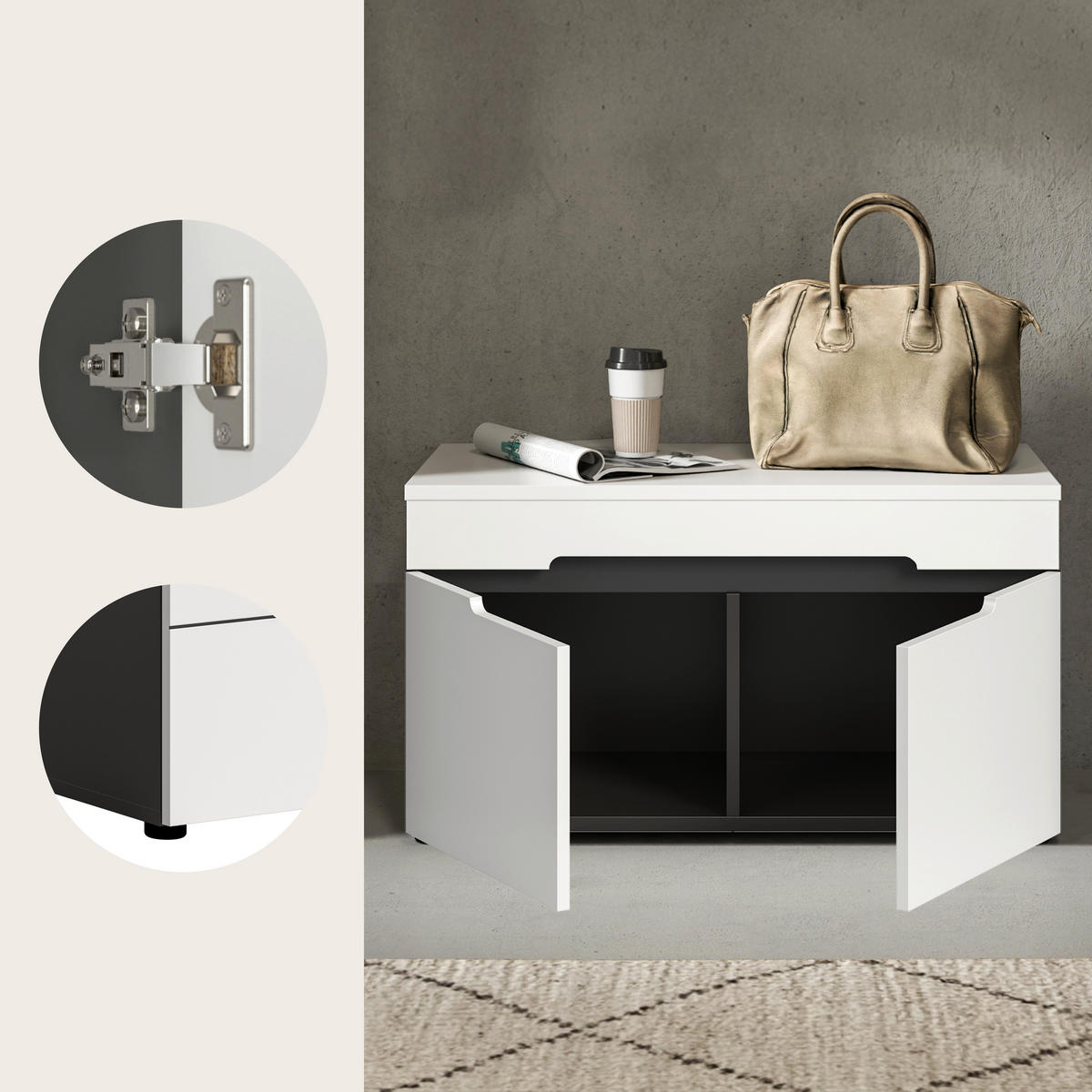 SITZBANK 80/45/37 cm Grau, Weiß Kunststoff  - Schwarz/Weiß, Design, Kunststoff (80/45/37cm) - Livetastic