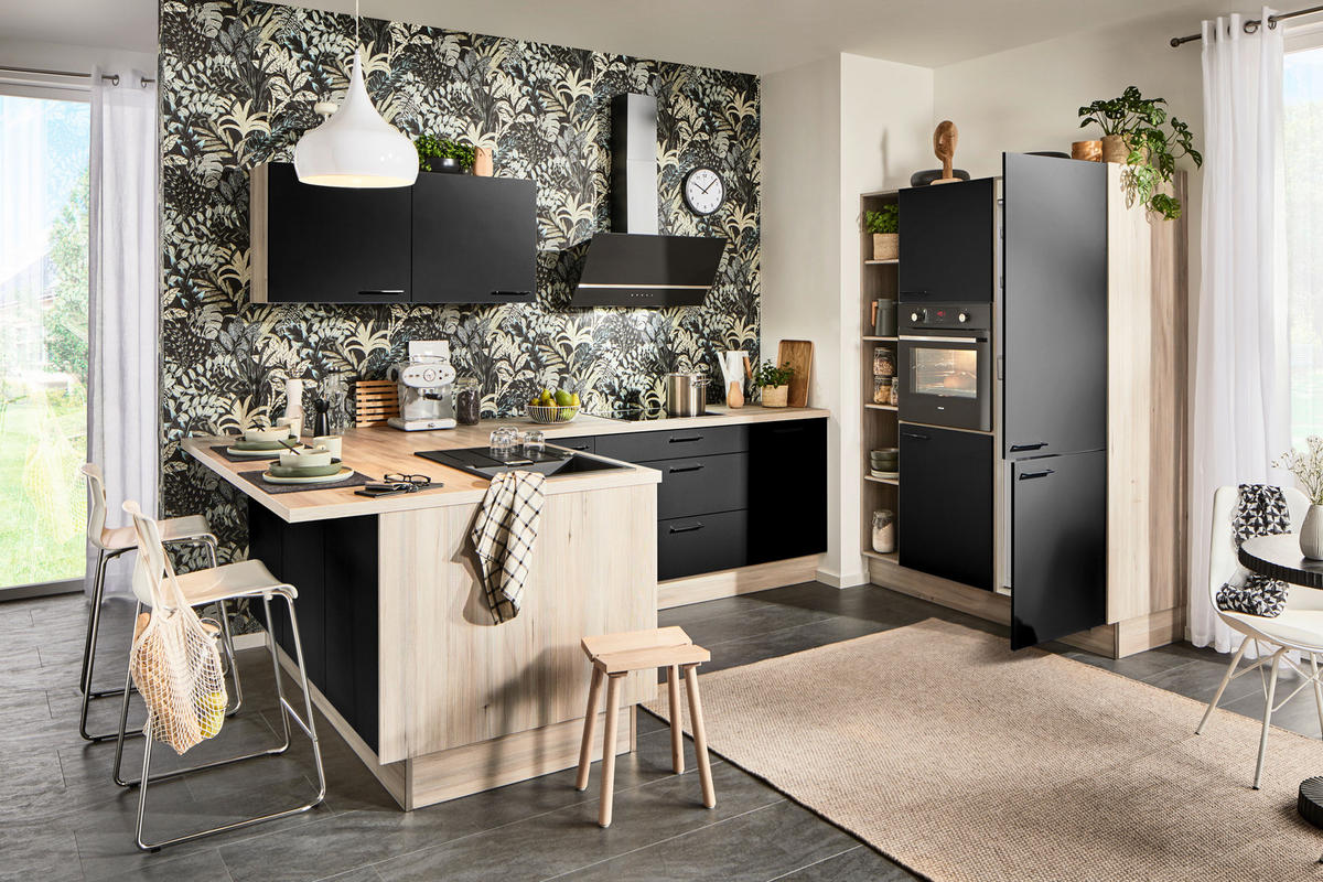 ECKKÜCHE  in Schwarz, Tannenholzfarben  - Hellbraun/Tannenholzfarben, Design, Holzwerkstoff/Metall (192/280/150cm) - Xora