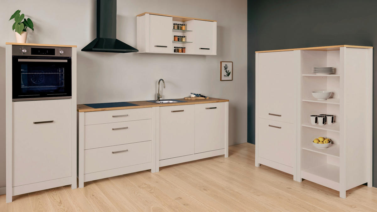 KÜCHENLEERBLOCK 430 cm   in Kaschmir, Eiche Artisan  - Kaschmir/Silberfarben, MODERN, Glas/Holzwerkstoff (430cm) - home24