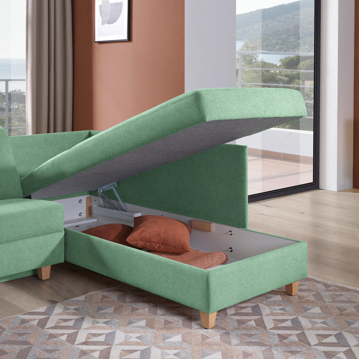 ECKSOFA in Flachgewebe Mintgrün  261/203 cm  - Eichefarben/Mintgrün, KONVENTIONELL, Holz/Textil (261/203cm) - Sedda