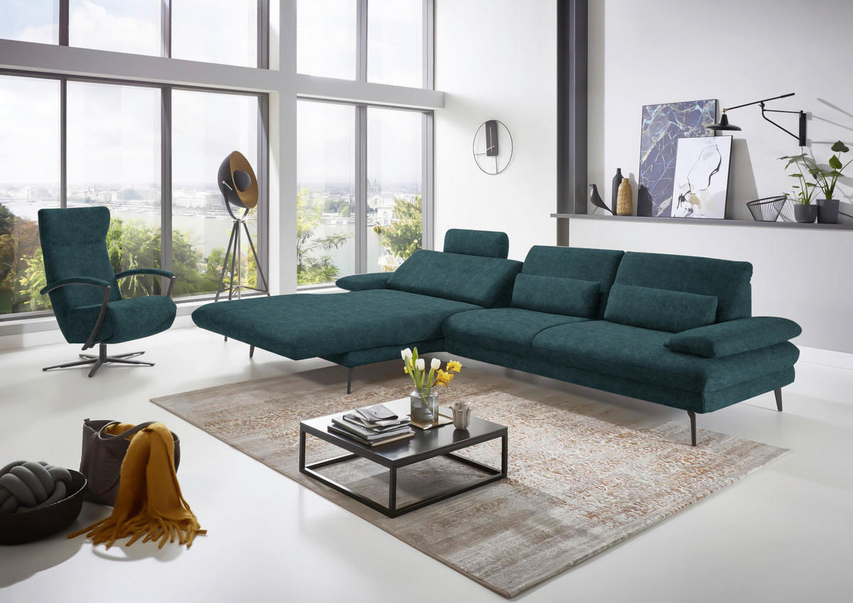 ECKSOFA in Velours Petrol  - Petrol/Schwarz, Design, Textil/Metall (180/310cm) - Dieter Knoll
