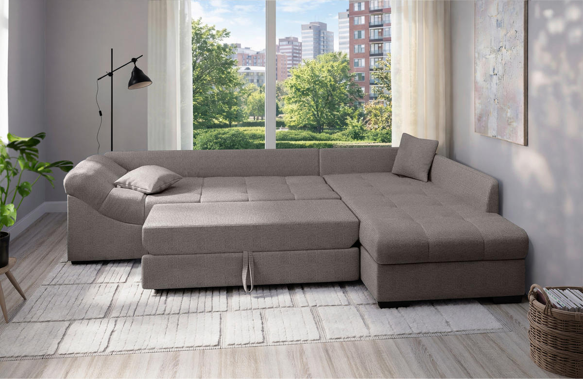 ECKSCHLAFSOFA in Graubraun Textil   - Graubraun/Schwarz, Modern, Holz/Textil (298/202cm) - MID.YOU