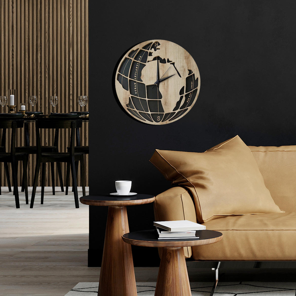 WANDUHR - Schwarz, Eichefarben  - Eichefarben/Schwarz, Basics, Holz/Kunststoff (57cm)