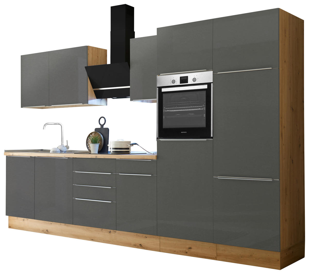 MODULKÖK 340 cm   i antracit, grå, ek Artisan  - aluminiumfärg/ek Artisan, Lifestyle, trämaterial/plast (340cm) - Respekta