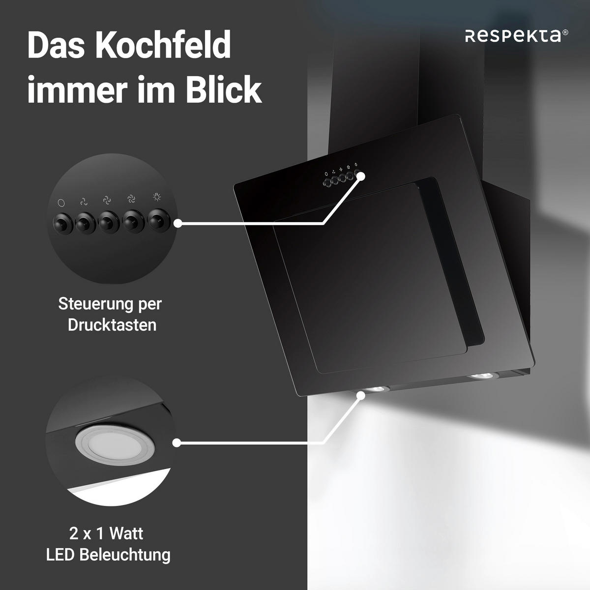 FLÄKTKÅPA CH21060SBZ  - svart, Trend, metall/glas (59,8/72,7-110,7/30,5cm) - Respekta
