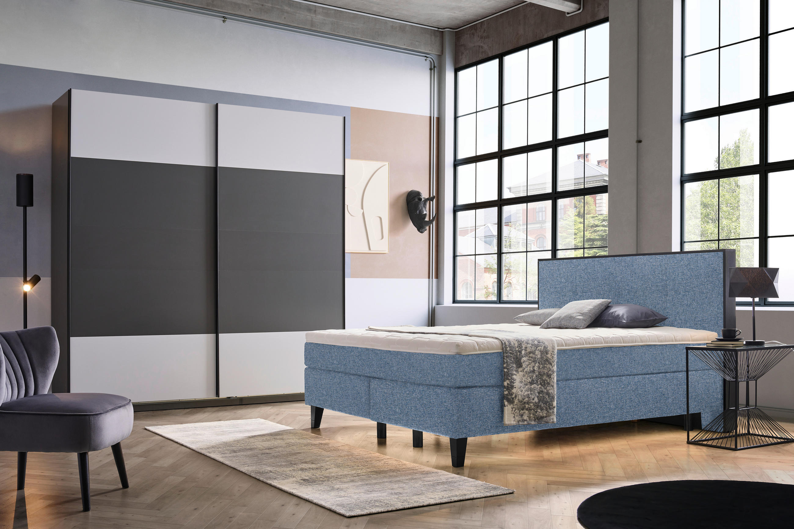BOXSPRINGBETT 180/200 cm  in Blau  - Blau/Schwarz, Design, Holz/Textil (180/200cm) - Hom`in