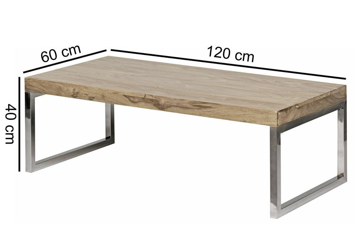 COUCHTISCH Akazie massiv 120/60/40 cm rechteckig Akaziefarben  - Chromfarben/Akaziefarben, Design, Holz/Metall (120/60/40cm) - MID.YOU