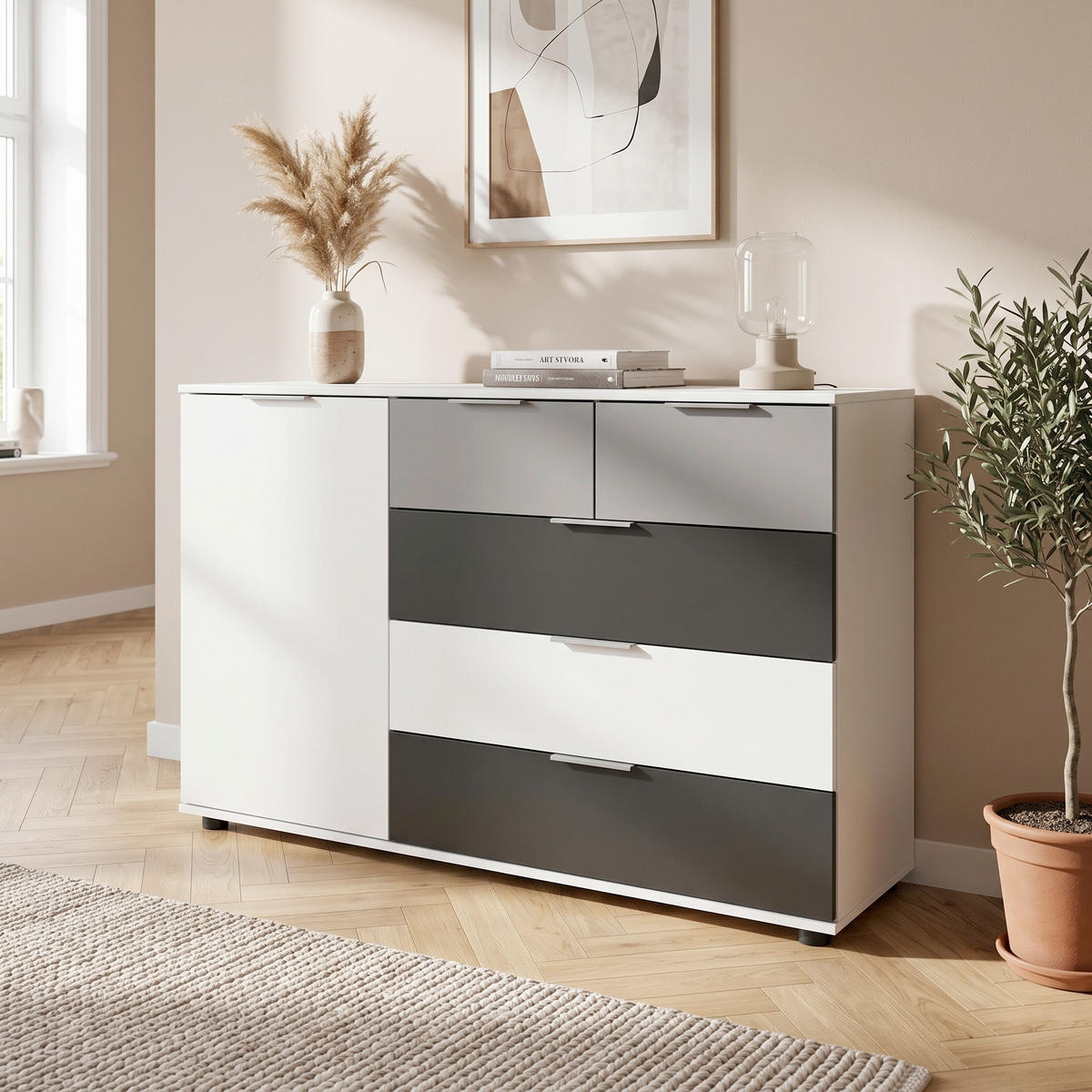 KOMODA   siva, bela, svetlosiva  - boja aluminijuma/siva, Moderno, staklo/metal (130/83/41cm) - MID.YOU