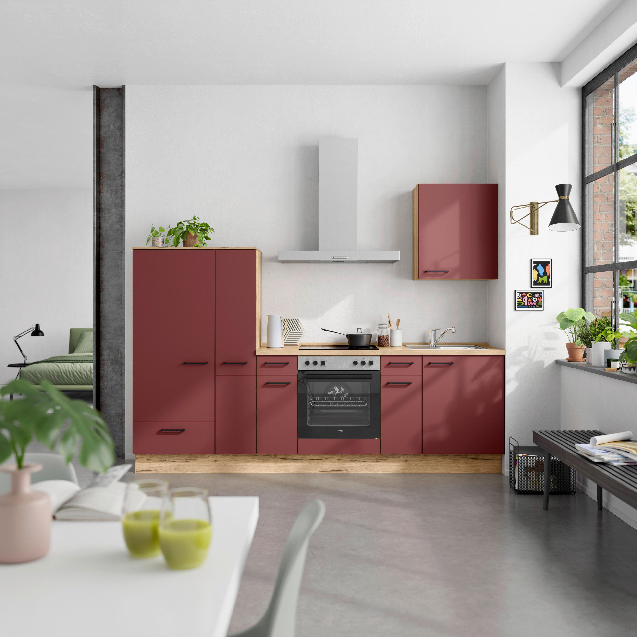KÜCHENLEERBLOCK 270 cm   in Rot, Eichefarben  - Eichefarben/Rot, MODERN, Holzwerkstoff/Metall (270cm) - Nobilia