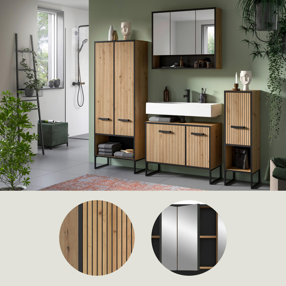 BADRUM 169 cm  - svart/ek Artisan, Trend, metall/trämaterial (169cm) - MID.YOU