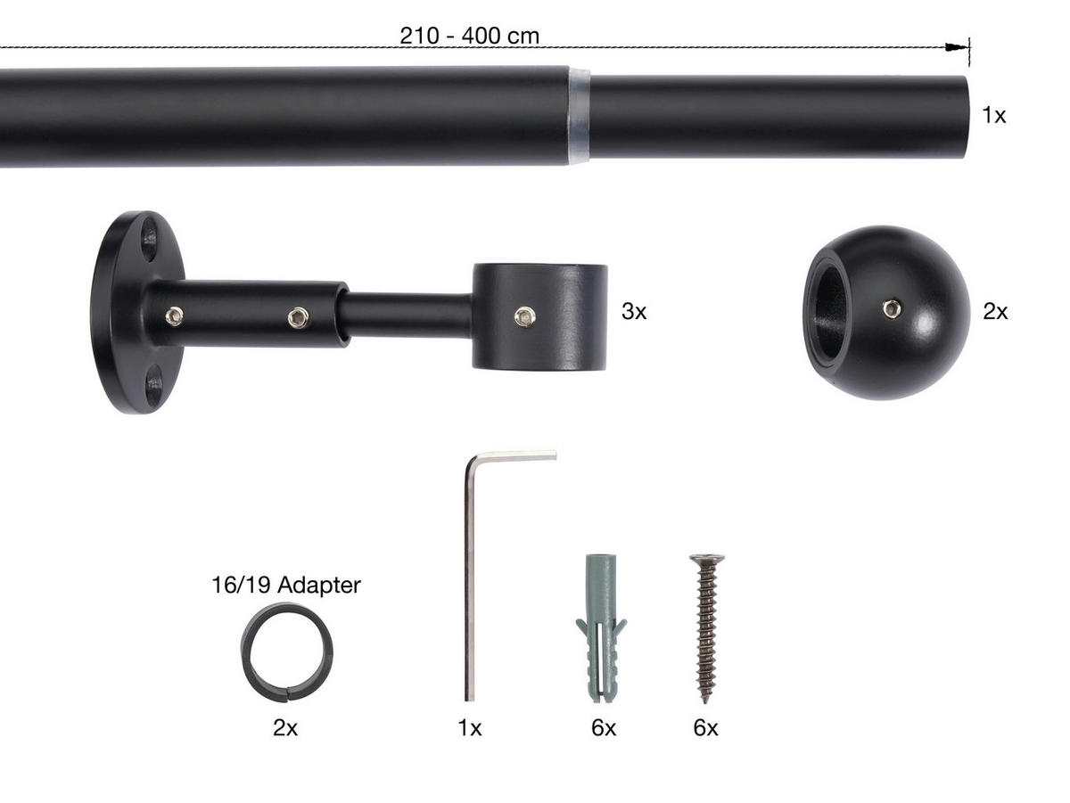 VORHANGSTANGENSET   - Schwarz, Basics, Metall (210/8/3.3cm)