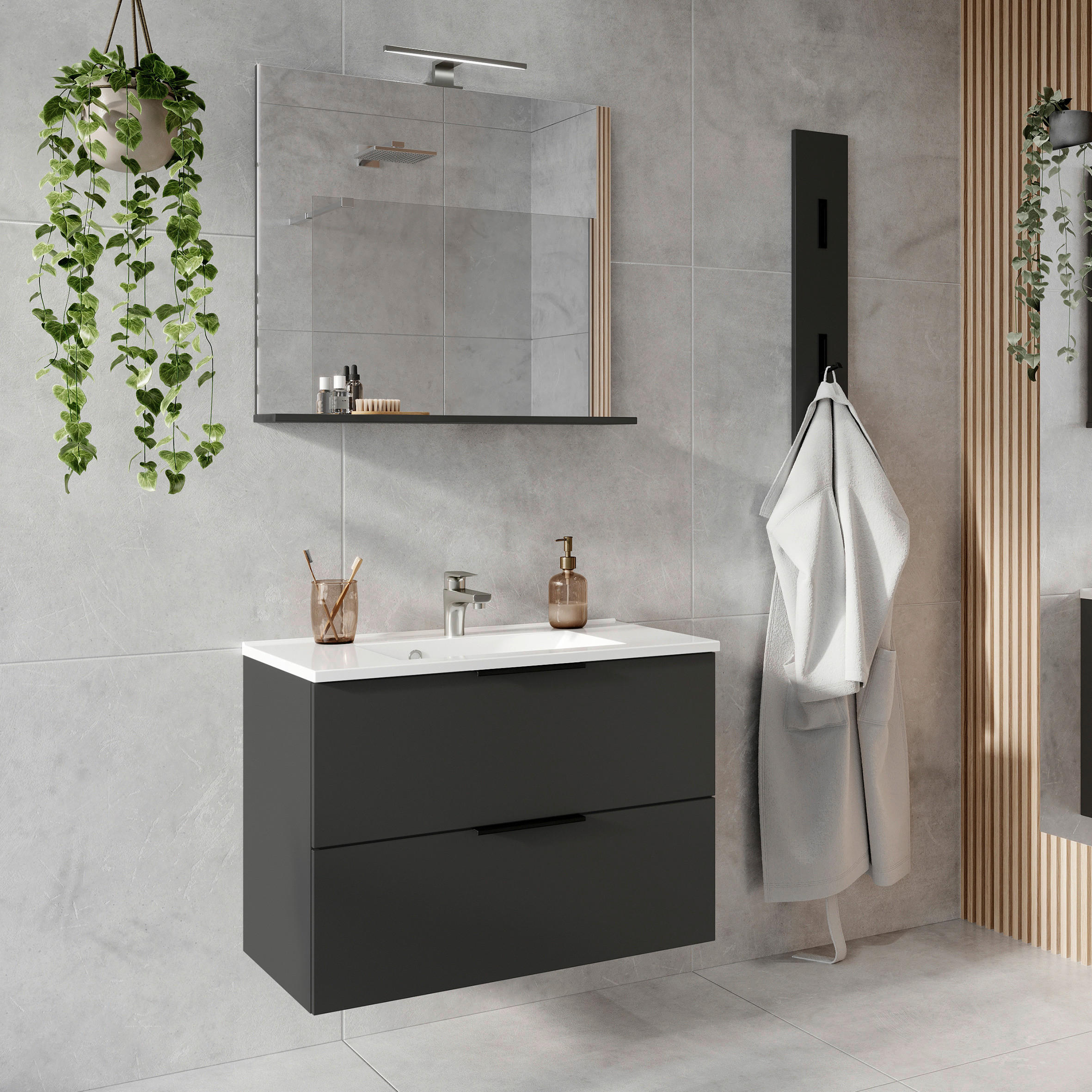 BADEZIMMER 3-teilig  in 81 cm  - Schwarz/Graphitfarben, MODERN, Holzwerkstoff/Stein (81cm) - Germania