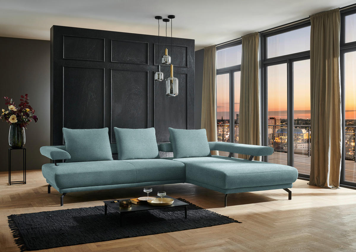 ECKSOFA in Chenille Türkis  - Türkis/Schwarz, Design, Textil/Metall (305/224cm) - Dieter Knoll